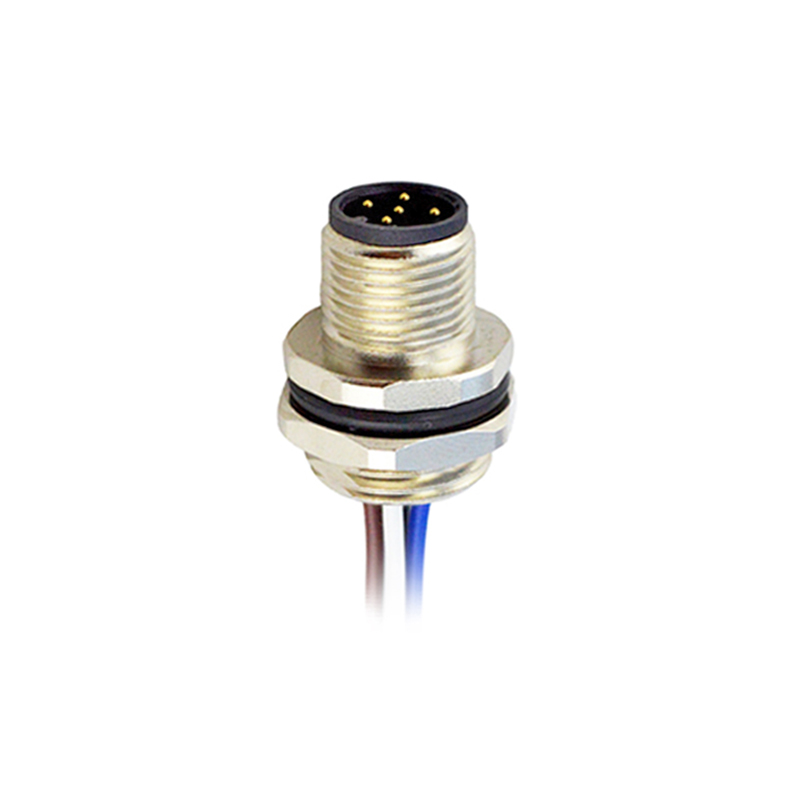 M12 5pins B code male straight rear panel mount connector,unshielded M16 thread,single wires,brass with nickel plated shell